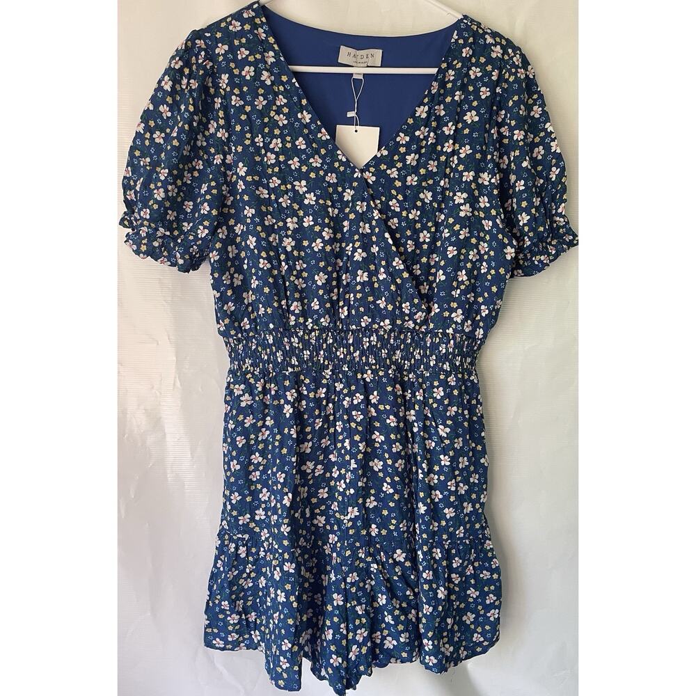 Haden Floral Print Romper Blue Smocked Waist New Sz L Cottagecore Short Sleeve